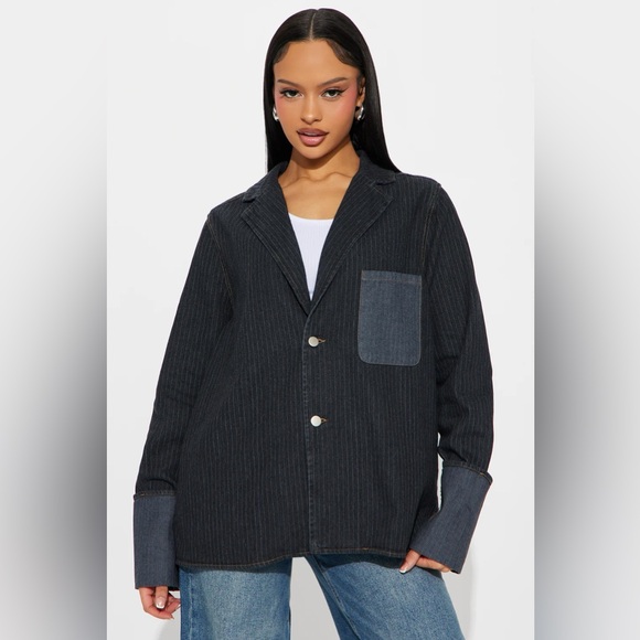 NEW! FASHION NOVA 'Nour' Pinstripe Cuffed Oversized Denim Blazer Jacket - Picture 8 of 14